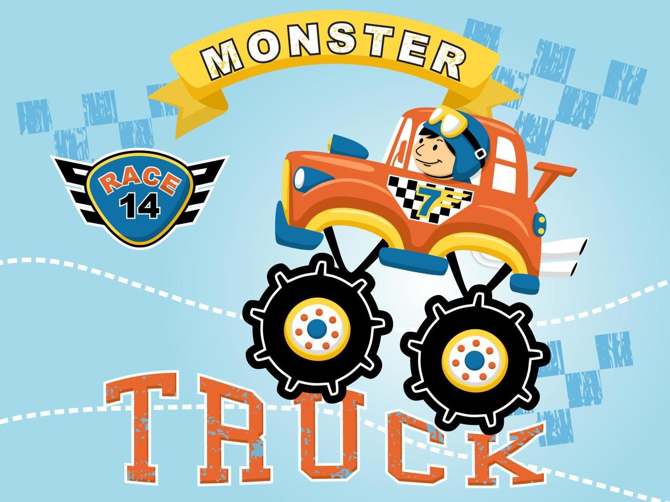 vector de dibujos animados de camión monstruo con pequeño conductor, elemento de carreras de autos