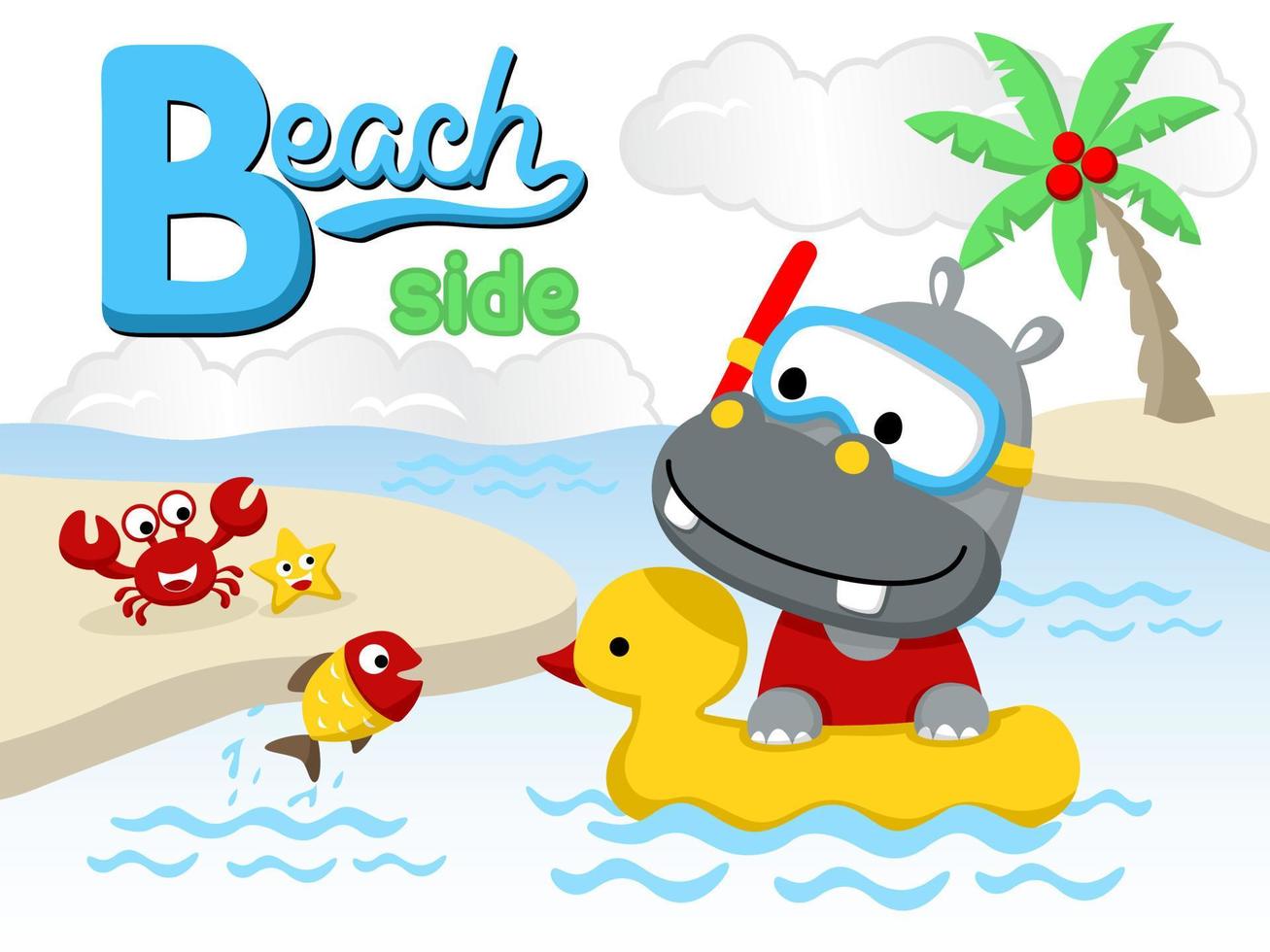 Vector cartoon of cute hippo wearing diving goggles in swim ring duck with marine animals, beach elements illustration