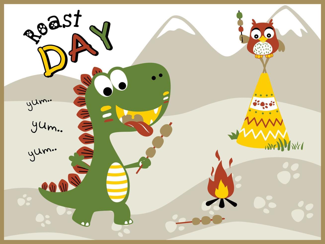 Cartoon vector of dinosaur and owl roasting meat on mountain background, Indian tribe element