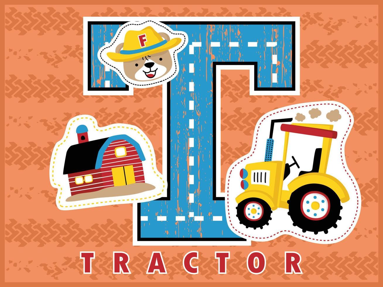 Cartoon vector of farming element, tractor, funny bear farmer, barn on tractor trail background
