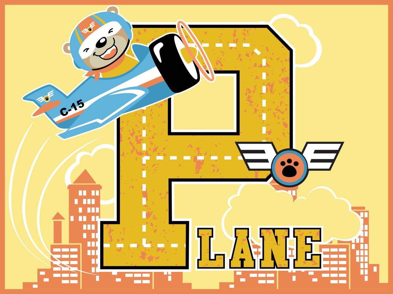 Airplane cartoon vector with cute bear pilot on building background. Learn to read graphic concept