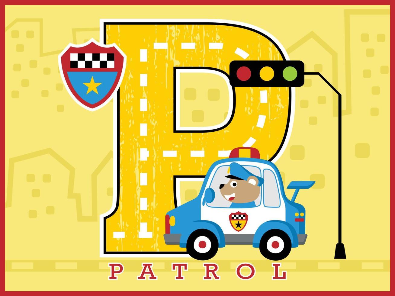 lindo oso policía dibujos animados vector conduciendo coche patrulla sobre fondo de alfabeto p grande, dibujos animados de elementos de tráfico