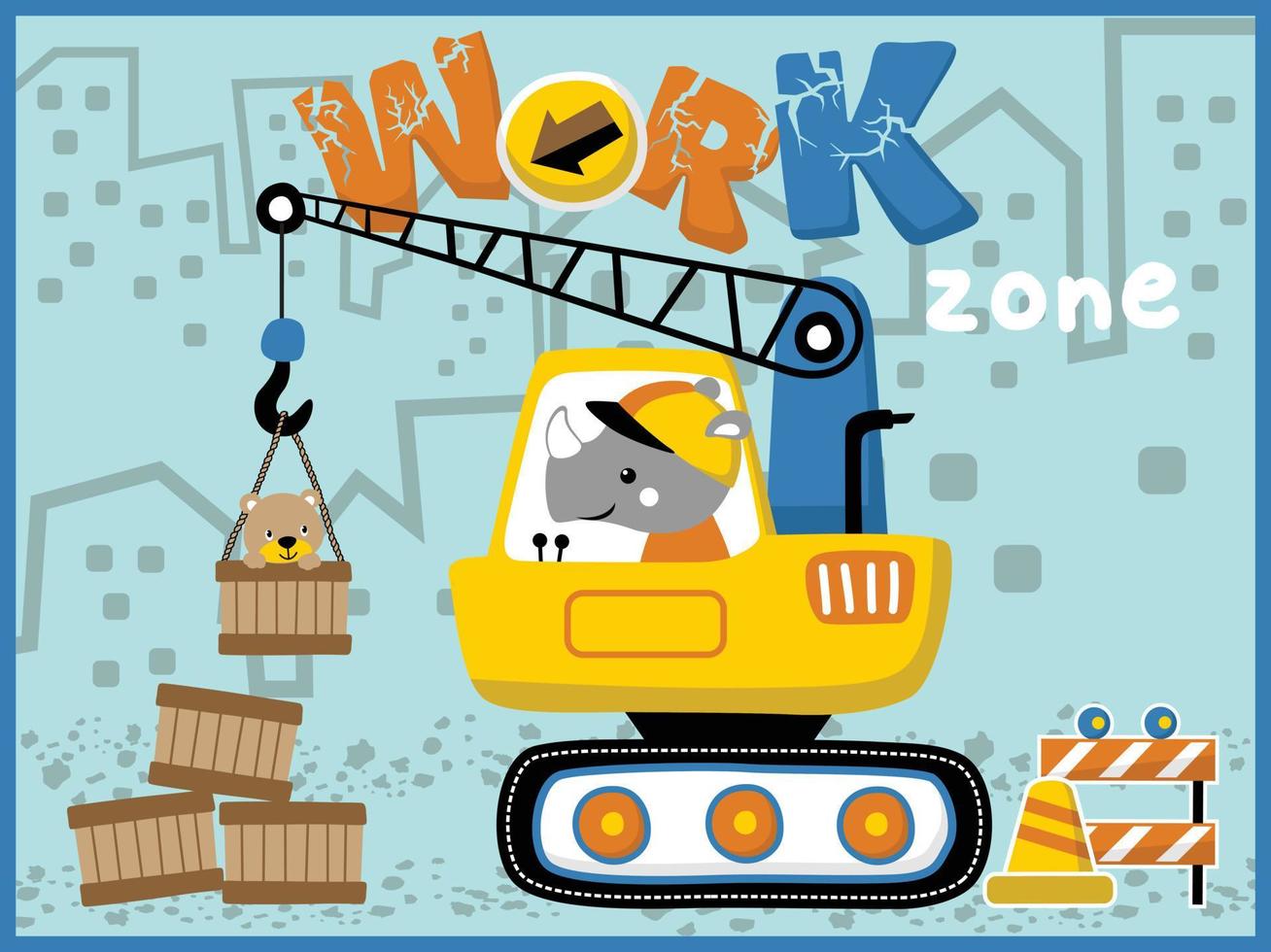 Cartoon vector of construction vehicle with rhino and bear. Industrial elements illustration