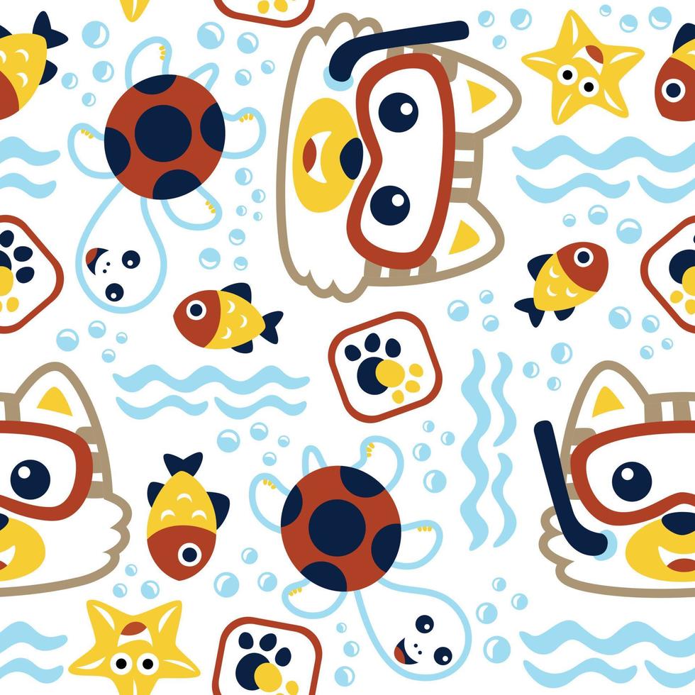 seamless vector pattern of little cat wearing diving goggles, marine life elements cartoon