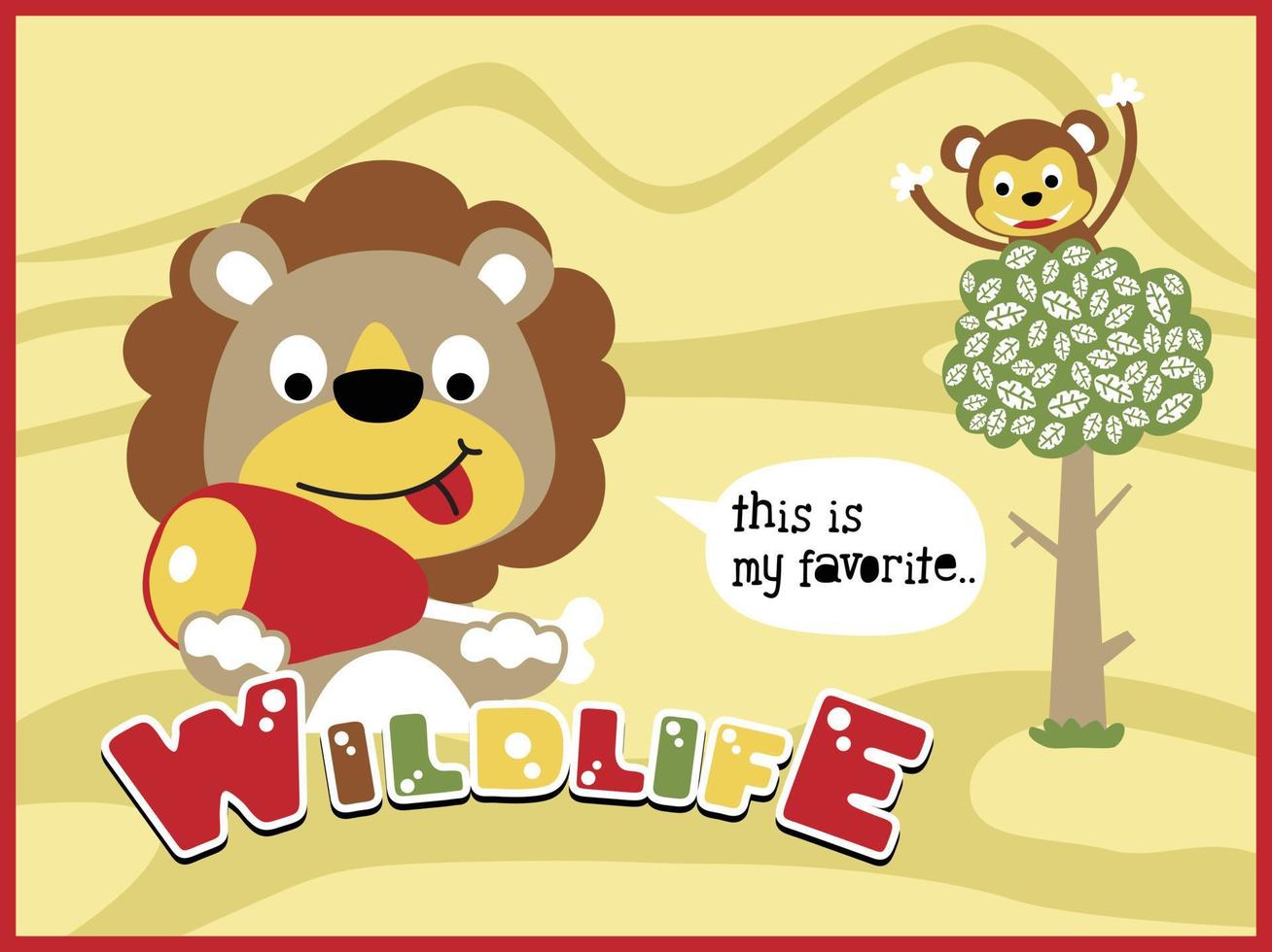 Cartoon vector of funny animals, lion holding meat, monkey on tree
