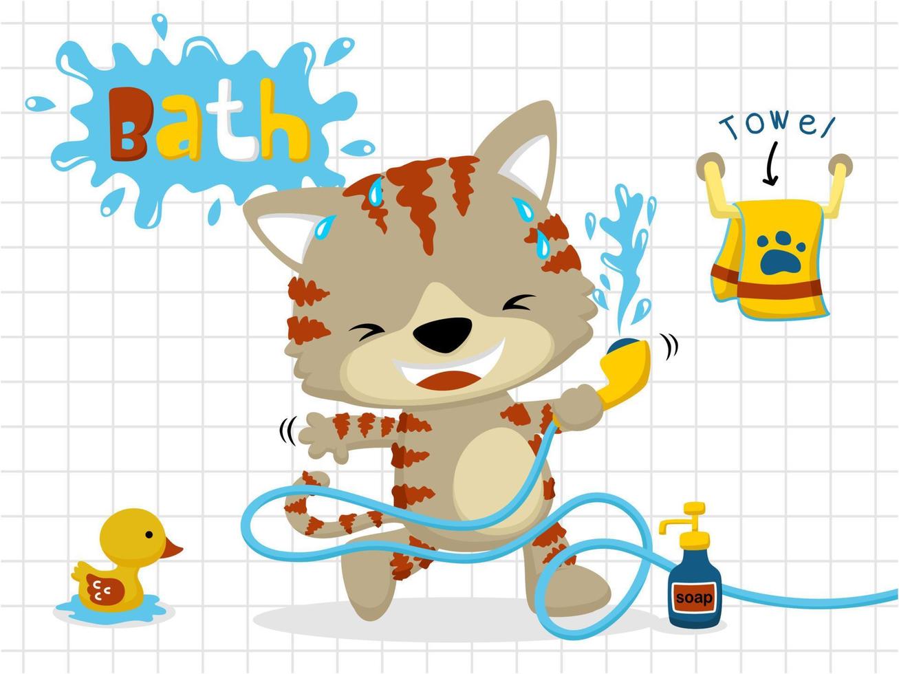 Little cat cartoon vector in bathroom holding water hose, bathroom elements illustration