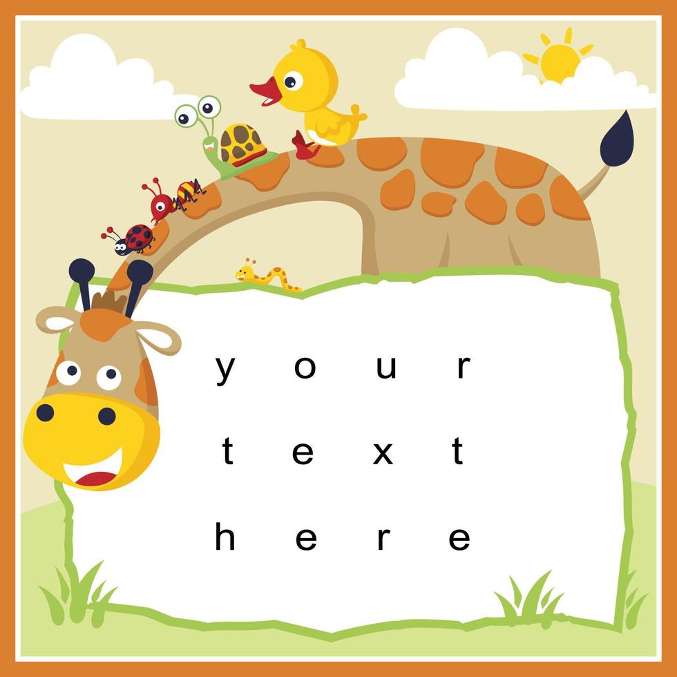 Frame template for invitation card. Vector illustration of animals cartoon. Duck, snail, ant, ladybug and caterpillar on giraffe's neck