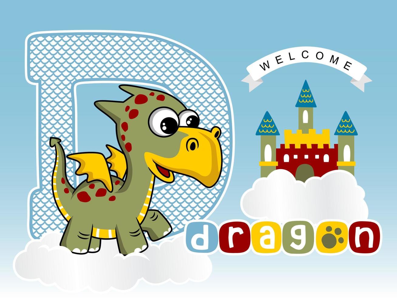 Funny dragon with colorful castle on cloud, vector cartoon illustration of fairytale element