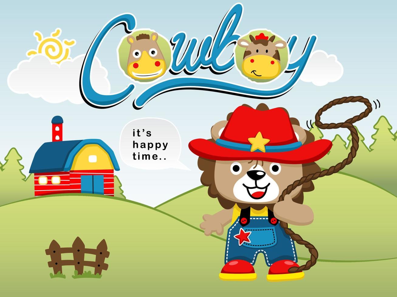 Vector cartoon of funny lion in cowboy costume holding lasso, ranch element illustration with funny animals smile face