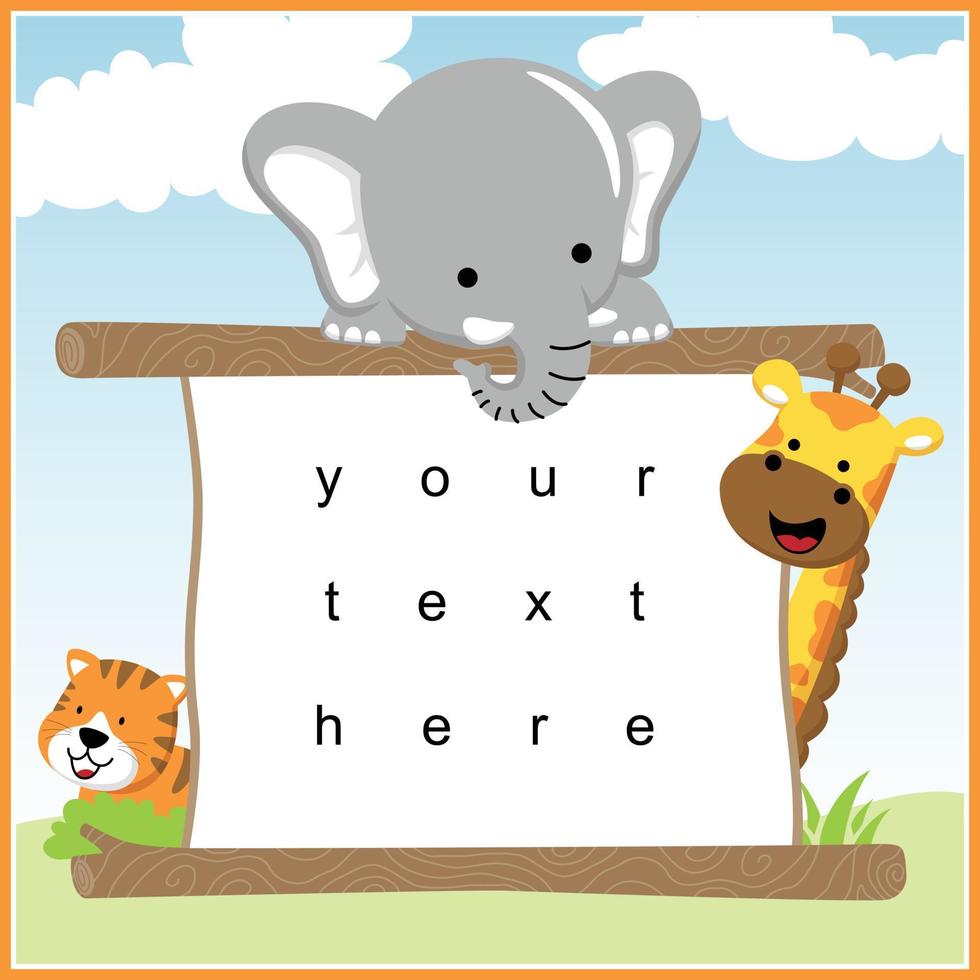 Vector cartoon of happy animals with board template. For invite card, greeting card, gift card, etc. Elephant, giraffe, tiger