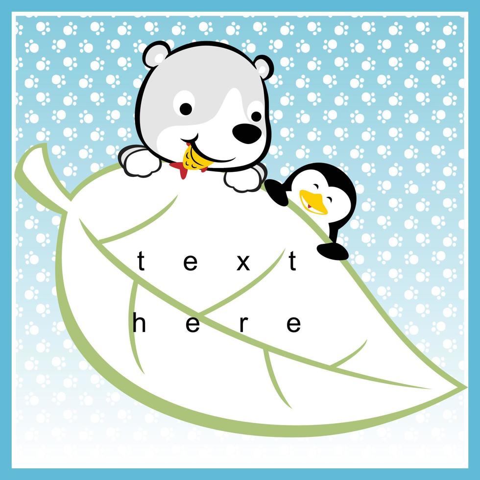 Frame border template shaped leaf with polar bear cartoon and penguin on animals trail background vector