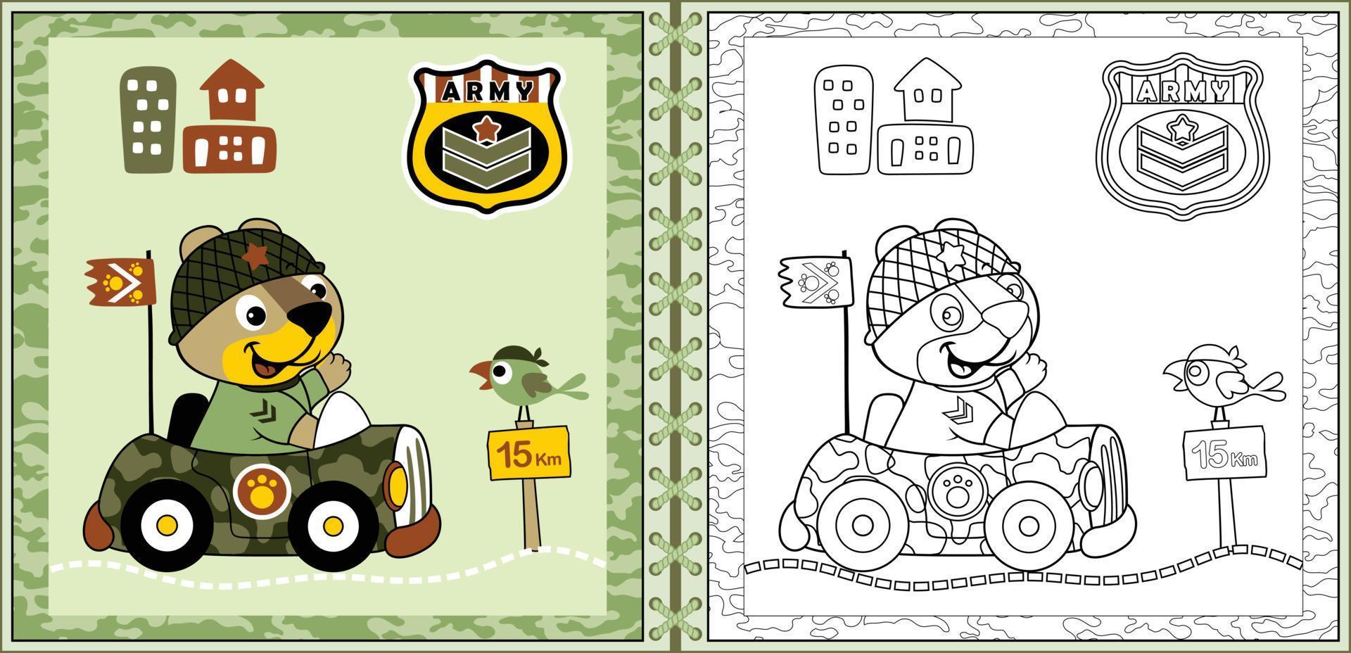 Cute cat cartoon driving military  car on camouflage frame with bird, military elements. Coloring book or page vector