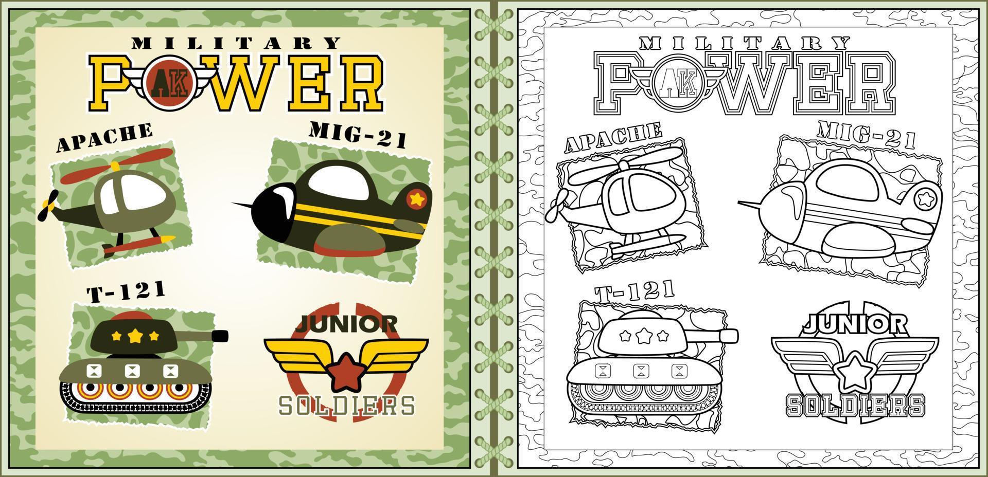 Vector illustration of military elements cartoon, armored vehicles in camouflage frame border, coloring page or book