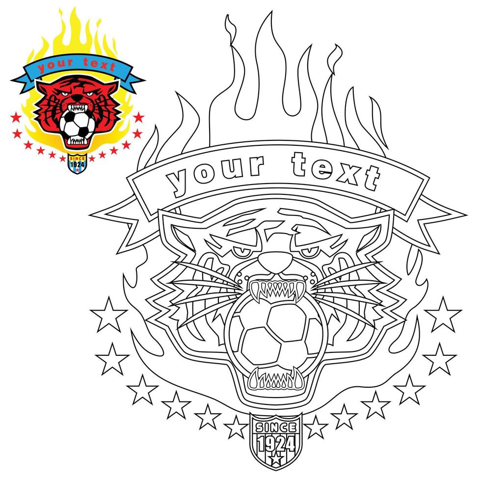 vector del logo de la cabeza de tigre mordiendo una pelota de fútbol con llama, página para colorear o libro