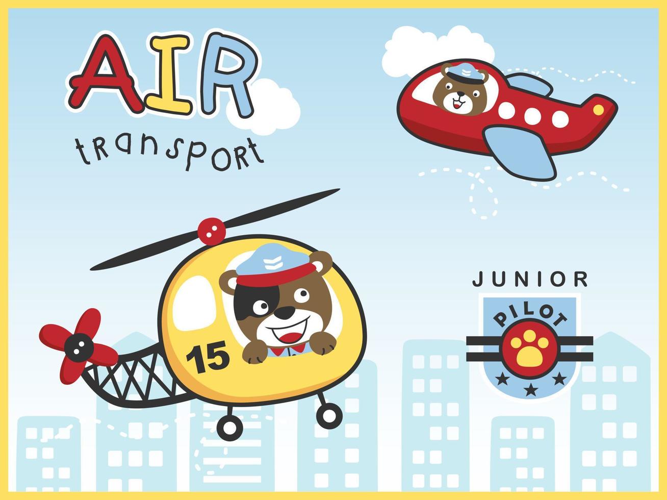 Cartoon vector of air transportations with funny animals pilot on buildings background