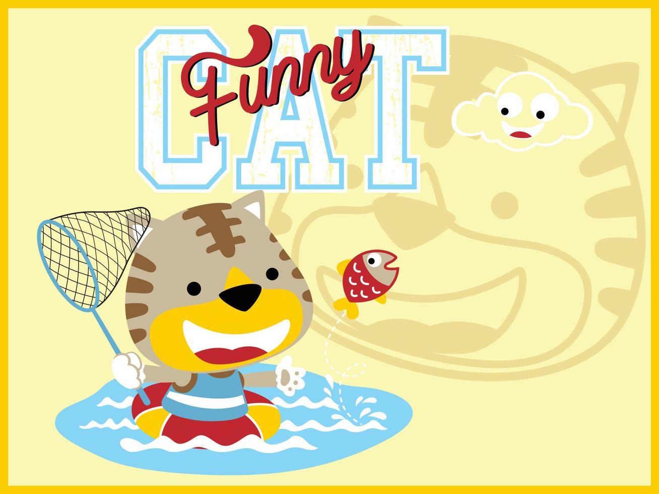 Funny cat cartoon vector catching fish with fishing net