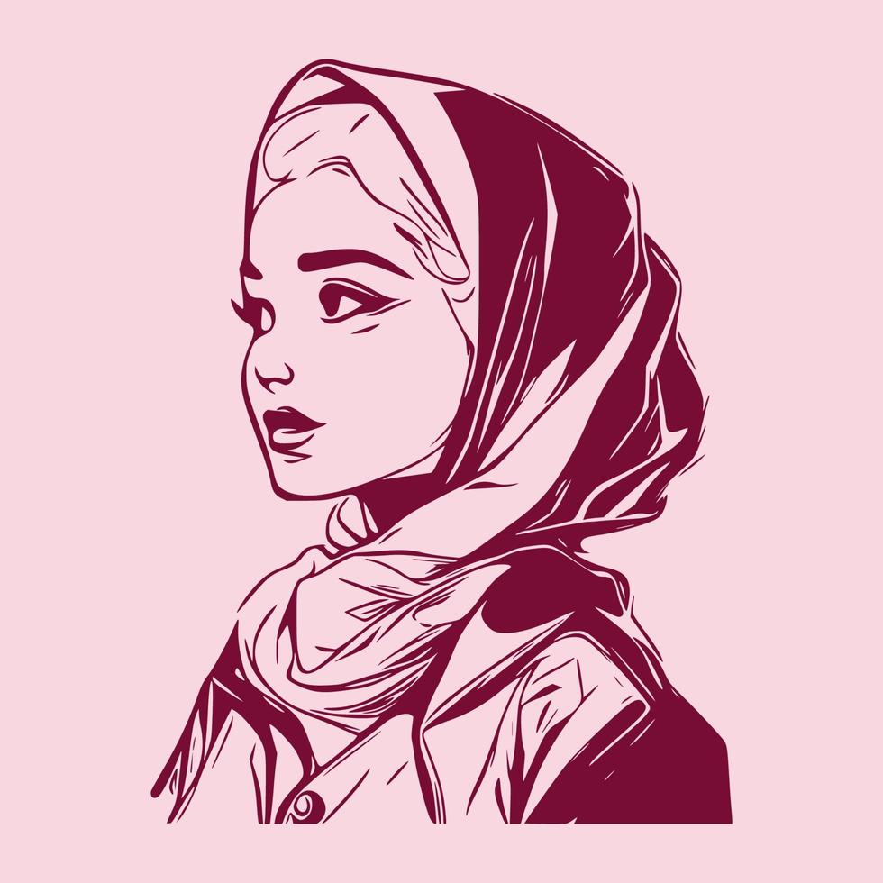 Set of stylish and trendy hijab woman hand-drawn, anime style. Modern abstract faces fashion hijab girl vector