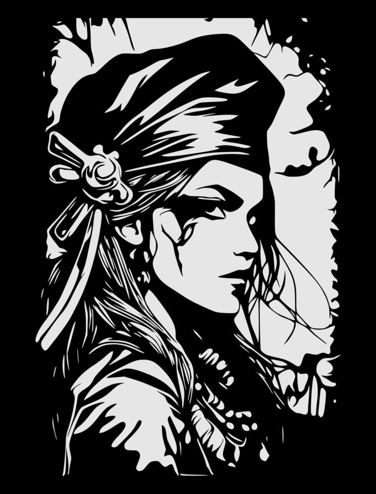 Brunette Pirate Lady With Gold Earrings Sketch, Coloring Book vector