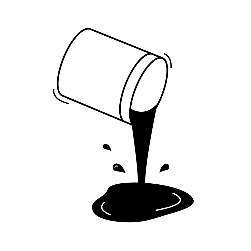 Bucket with spilling paint outline icon. Hand drawn vector illustration. Pouring liquid with splashes, drops and puddle. Doodle style.