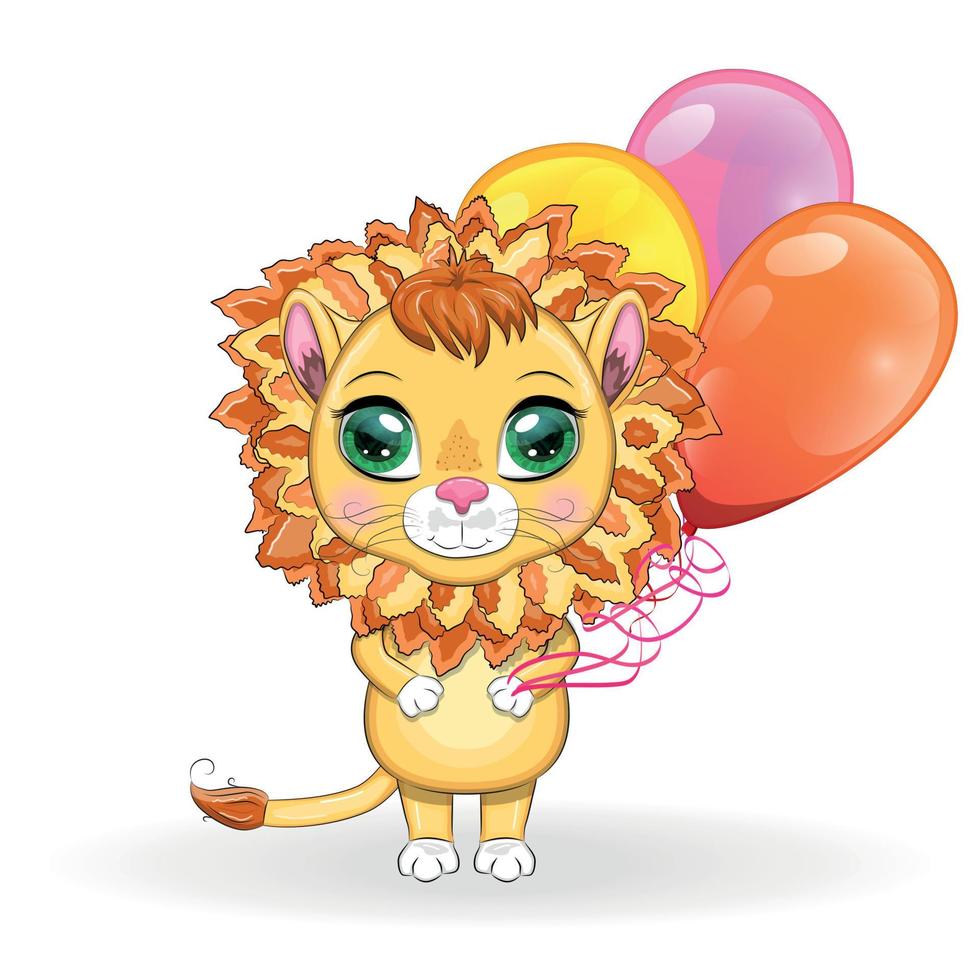 Cartoon lion with expressive eyes. Wild animals, character, childish cute style. vector