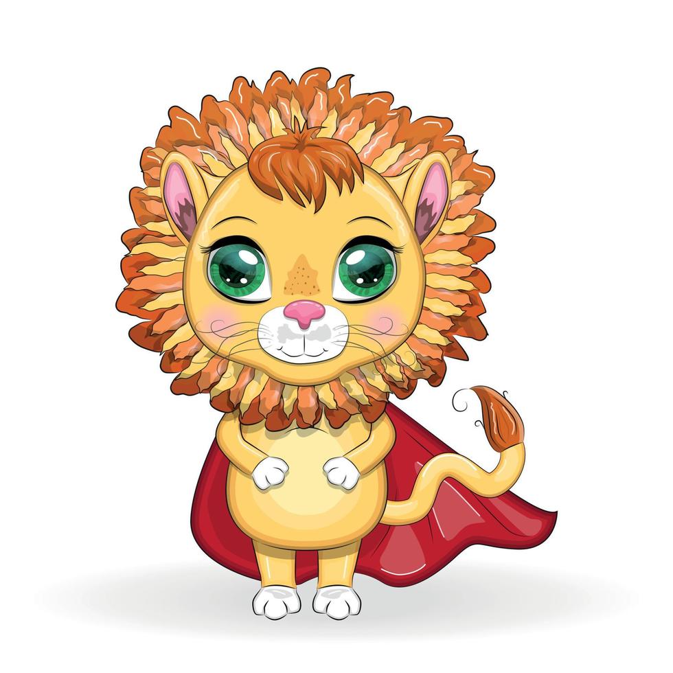 Cartoon lion boy in red super hero cloak with beautiful eyes vector