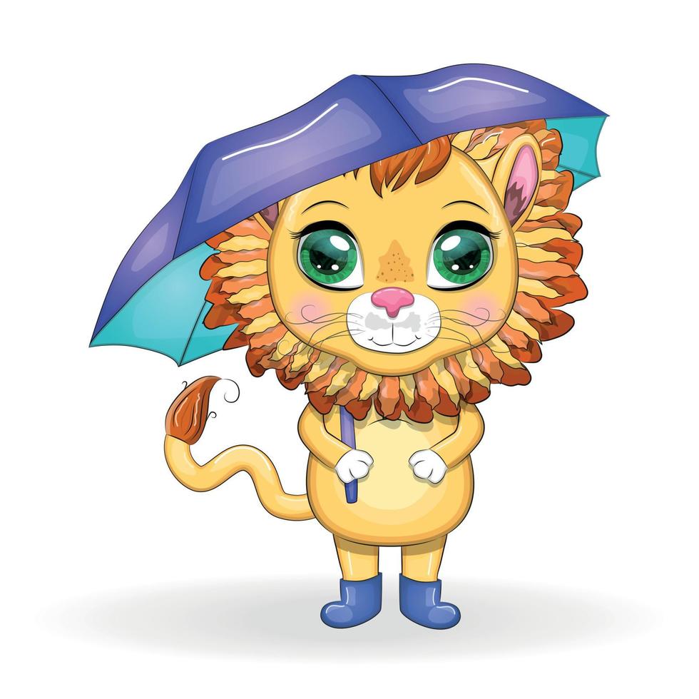 Cartoon lion with umbrella. Autumn character and postcard is coming. vector