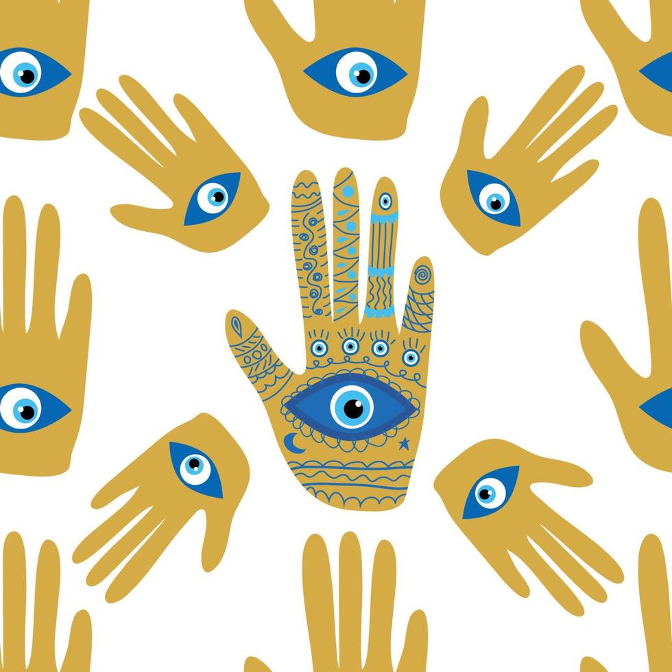 doodle seamless pattern Hamsa eye, magical eye, decor element. Pink, green, golden eyes. Fabric textile vector