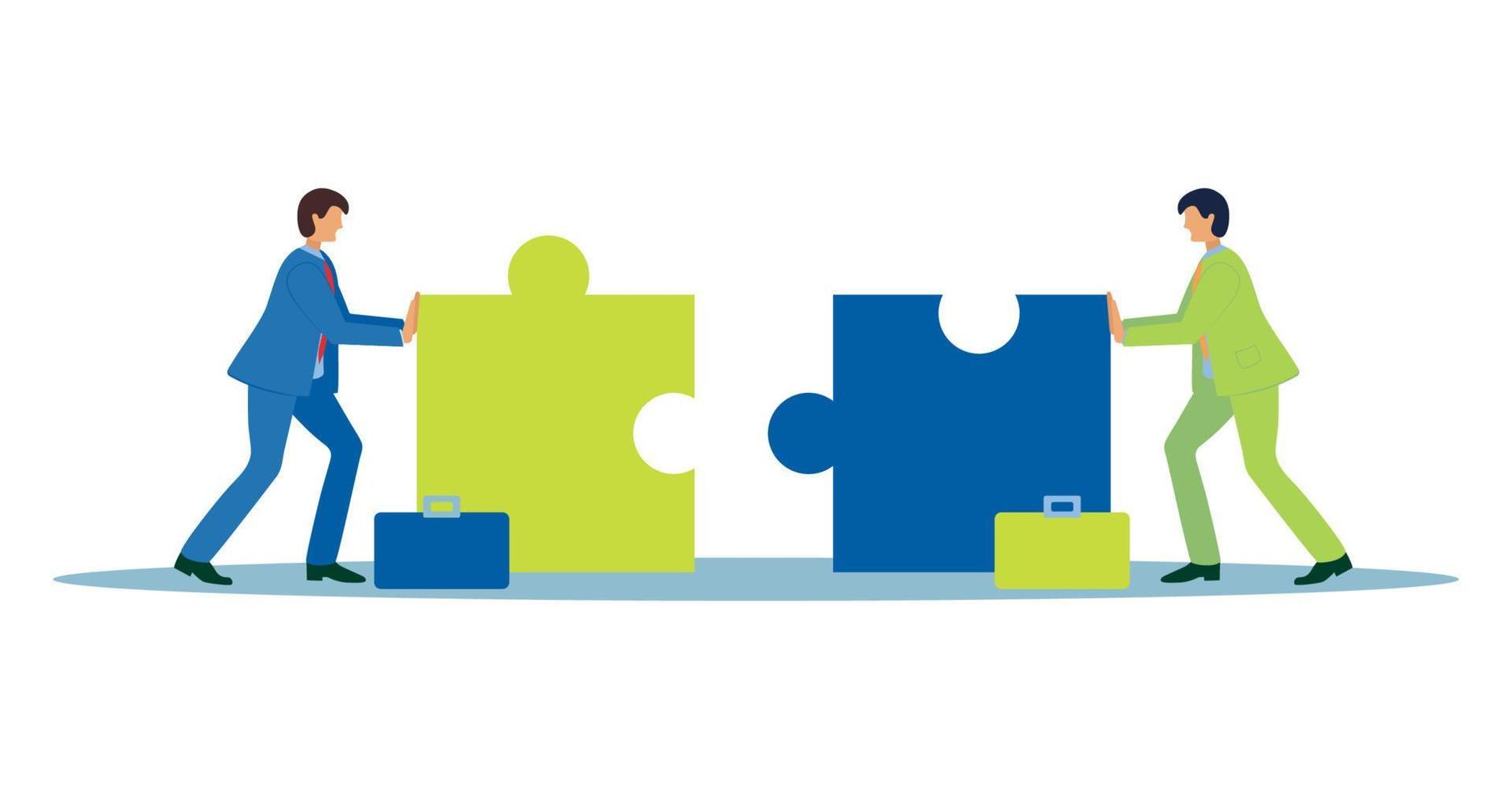 Business concept. Team metaphor. people connecting puzzle elements. flat design style. Symbol of cooperation vector