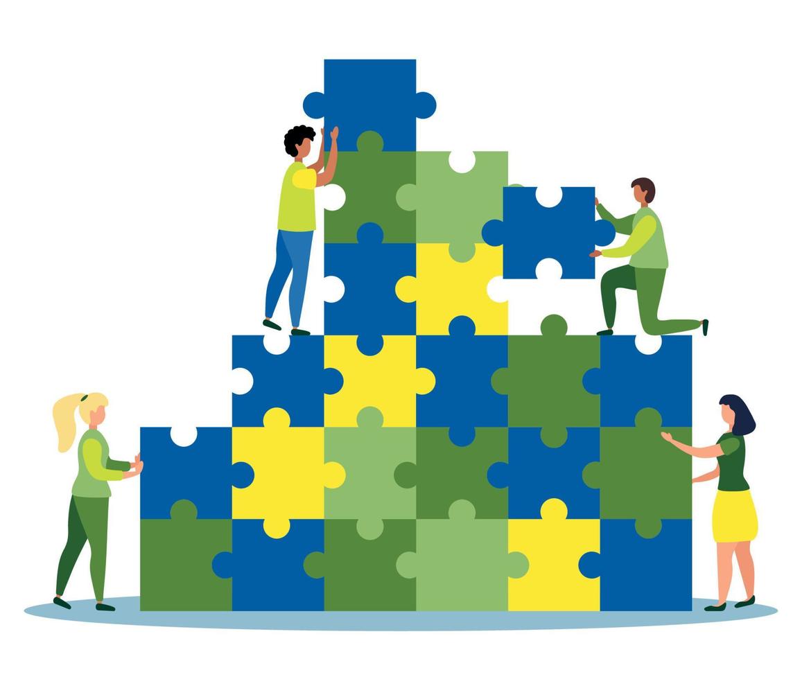 Business concept. Team metaphor. people connecting puzzle elements. flat design style. Symbol of cooperation vector