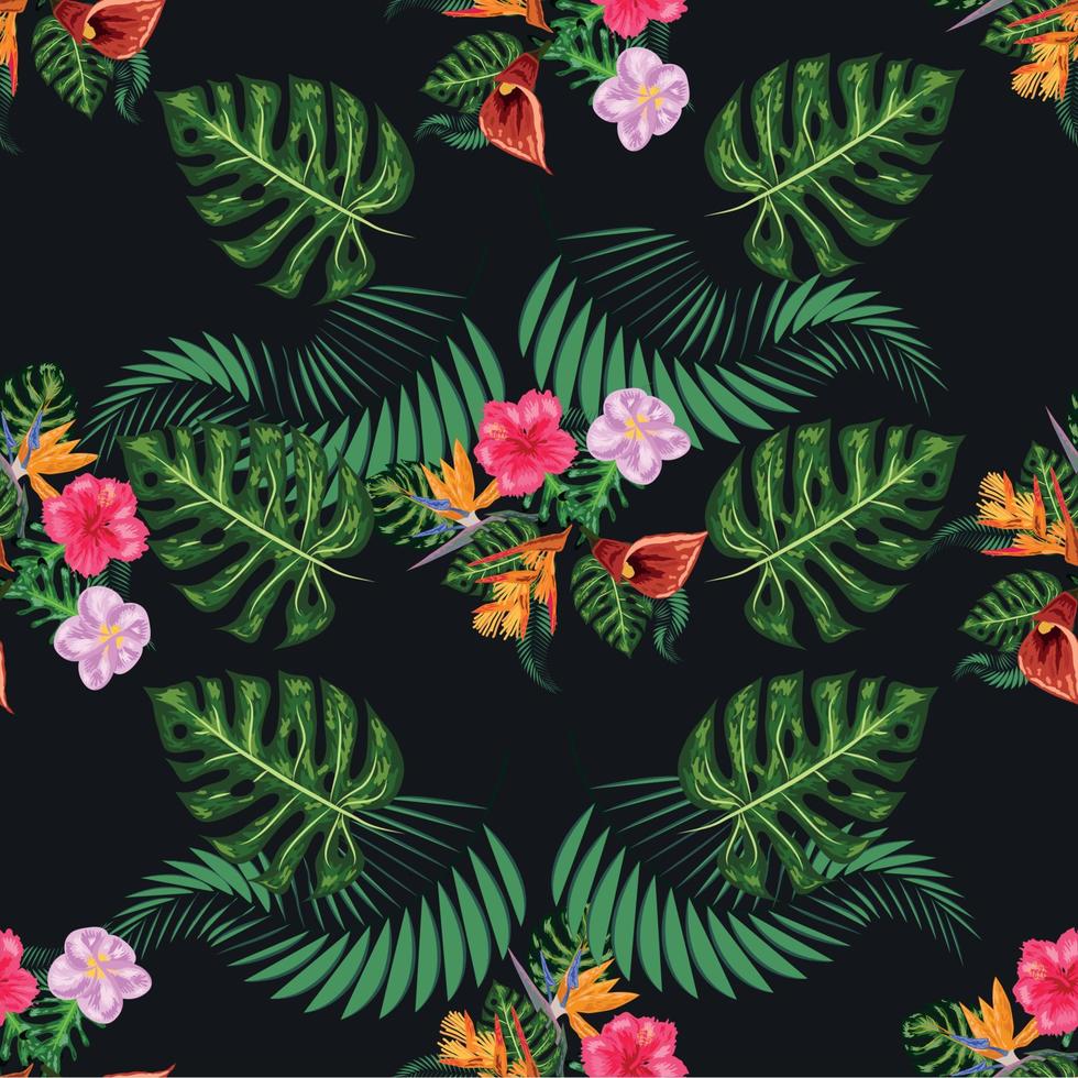 Tropical pink orchid flowers, monstera, banana palm leaves seamless pattern. Jungle foliage illustration. Exotic vector