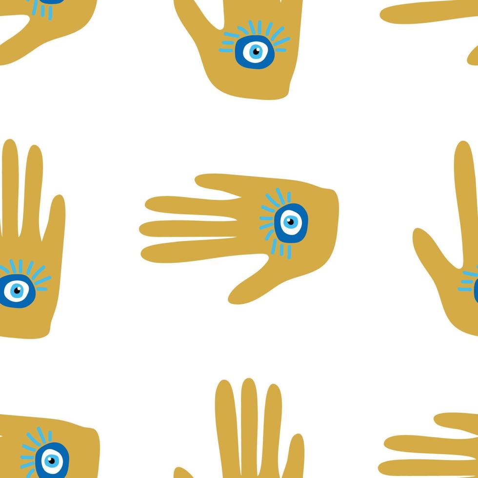 doodle seamless pattern Hamsa eye, magical eye, decor element. Pink, green, golden eyes. Fabric textile vector