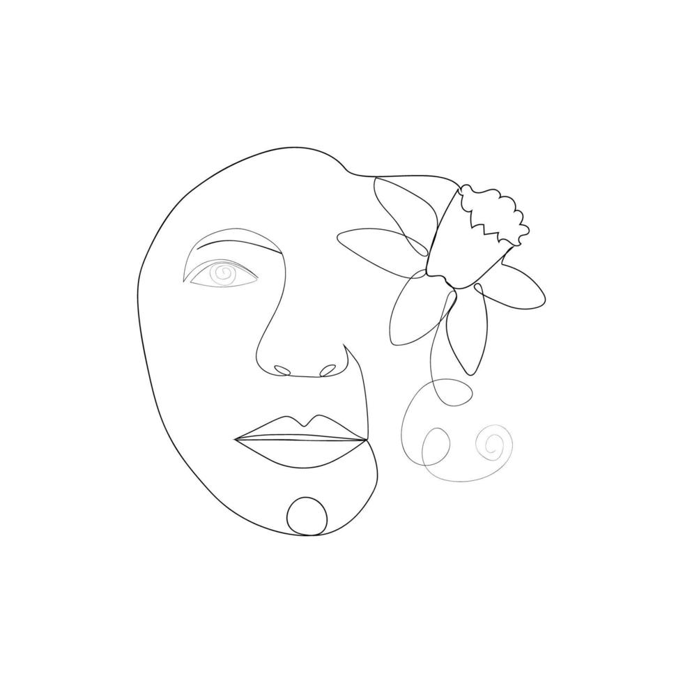 Woman face with flowers one line drawing. Half of the face is a flower