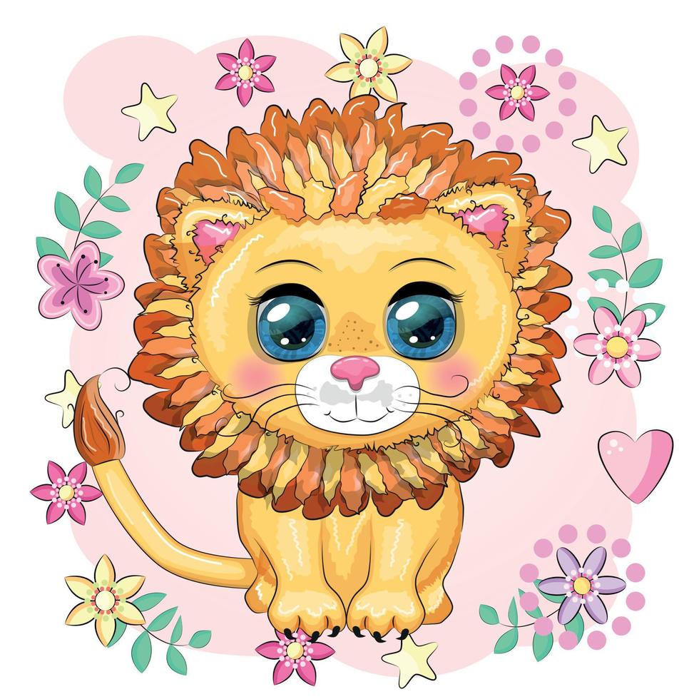 Cartoon lion with expressive eyes. Wild animals, character, childish cute style. vector