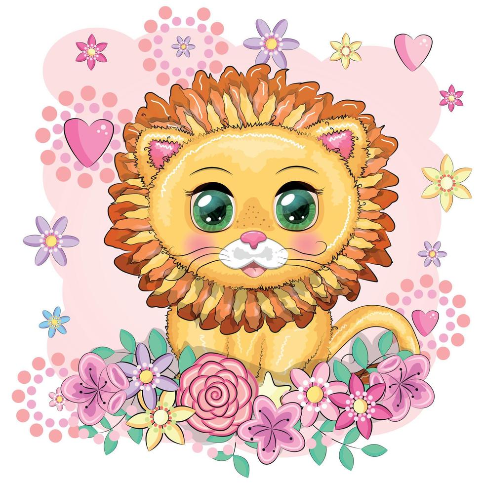 Cartoon lion with expressive eyes. Wild animals, character, childish cute style. vector