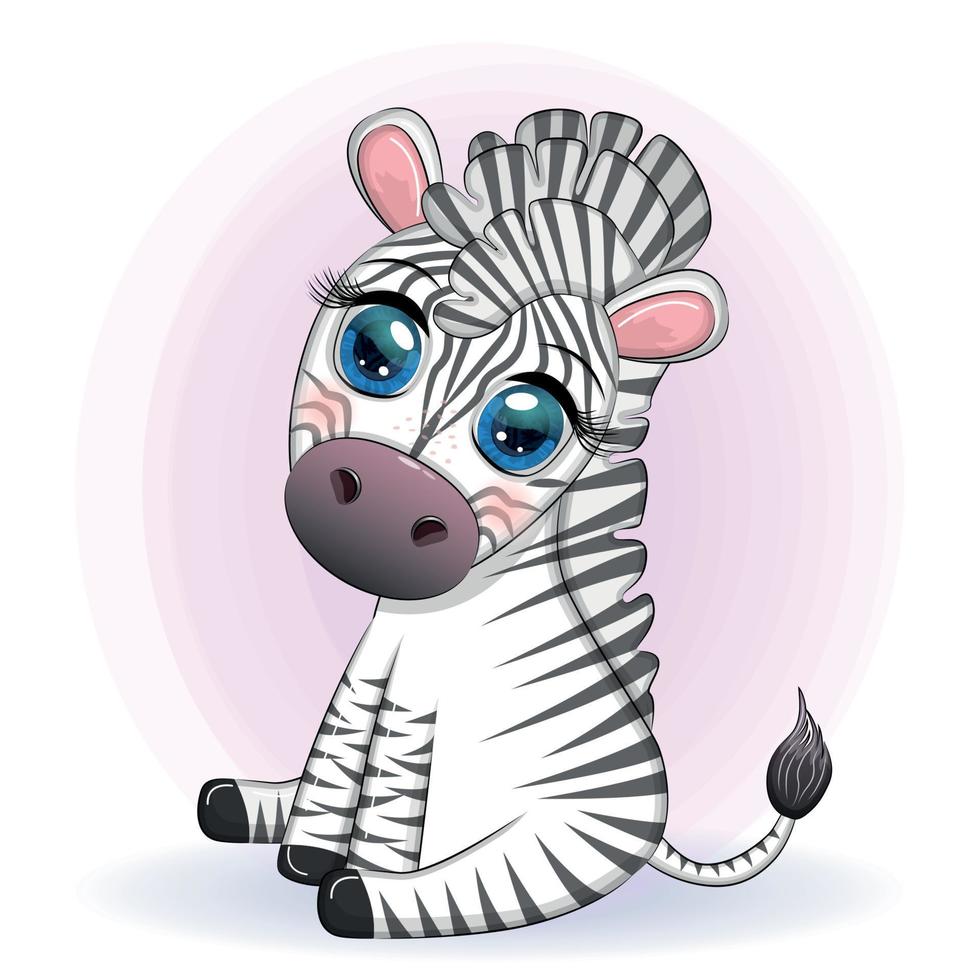 Cute cartoon zebra is sitting and waving its tail. Children's character. vector