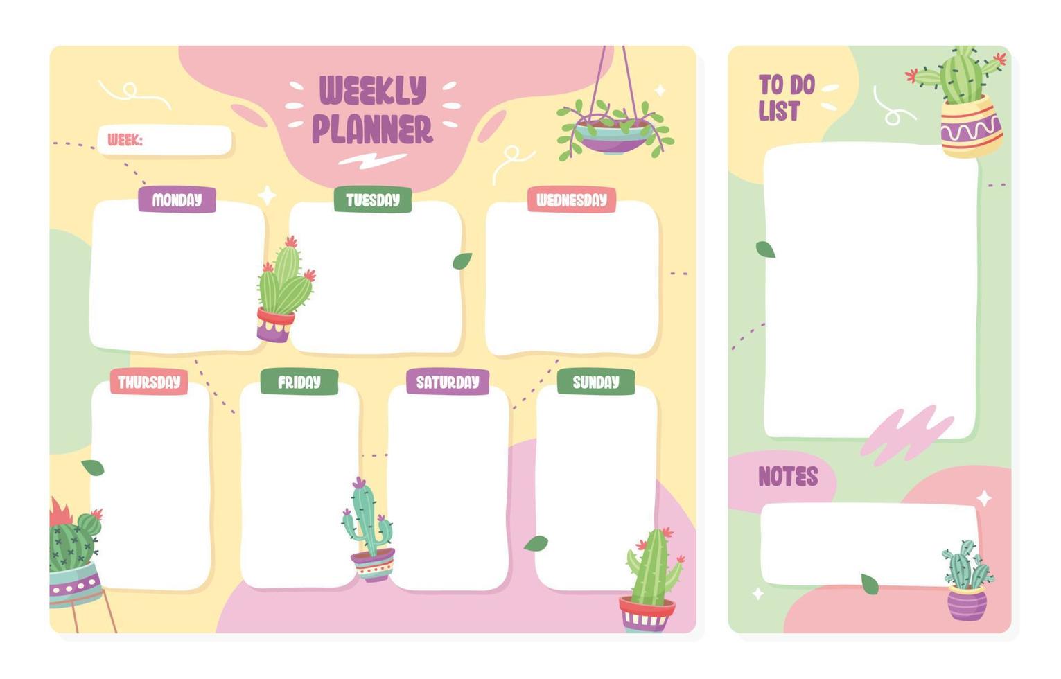 plantilla de planificador semanal con cactus vector