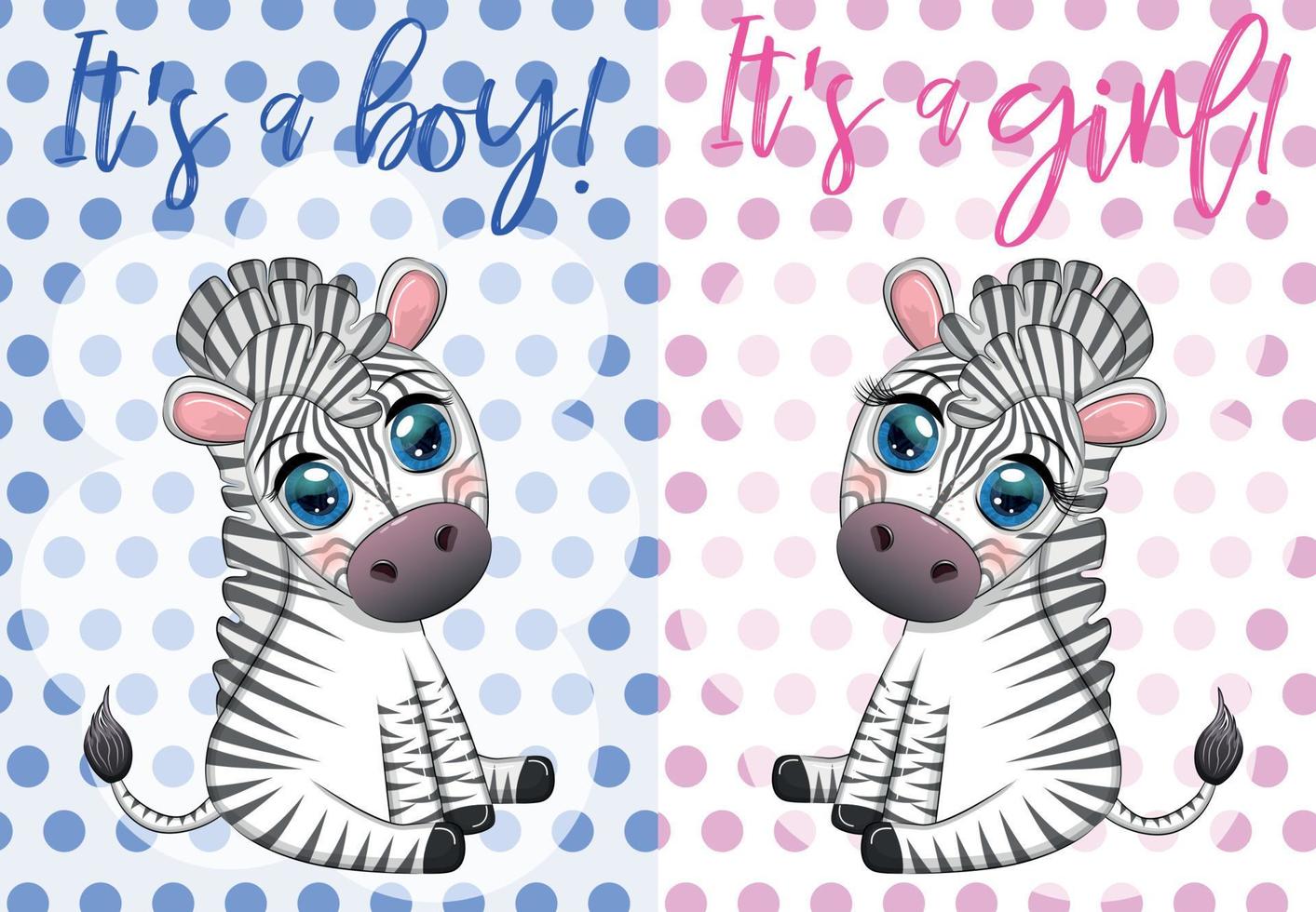 Card It's a boy, It's a girl with a cute cartoon zebra sitting. Children's holiday of the newborn, baby shower vector