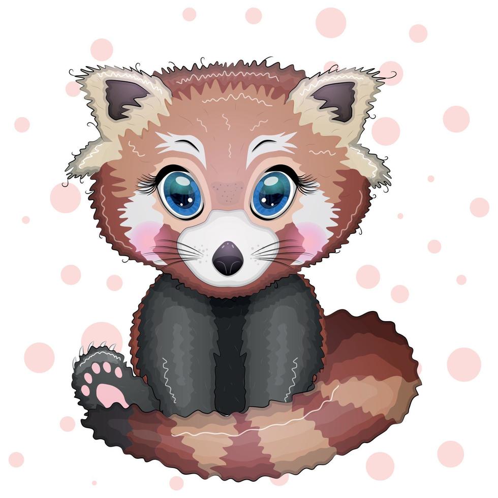 Red panda, cute character with bamboo leaves, greeting card, bright childish style. Rare animals, red book, bear vector