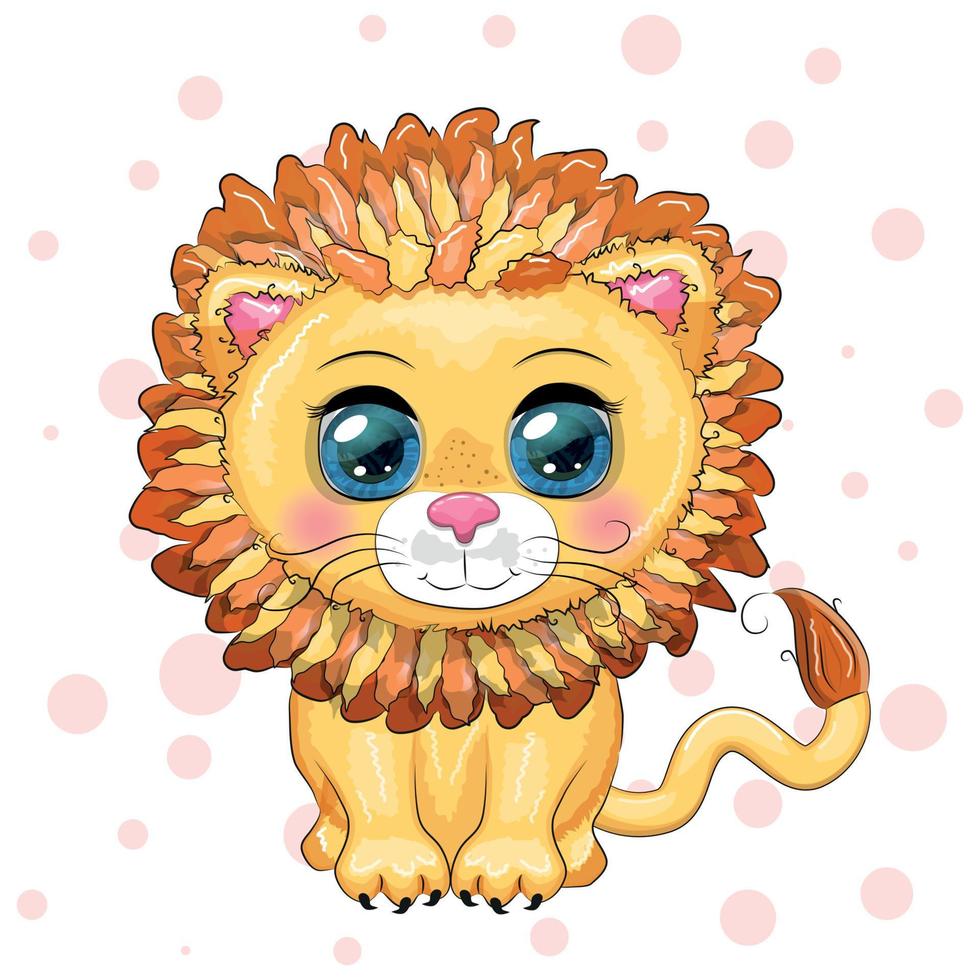 Cartoon lion with expressive eyes. Wild animals, character, childish cute style vector