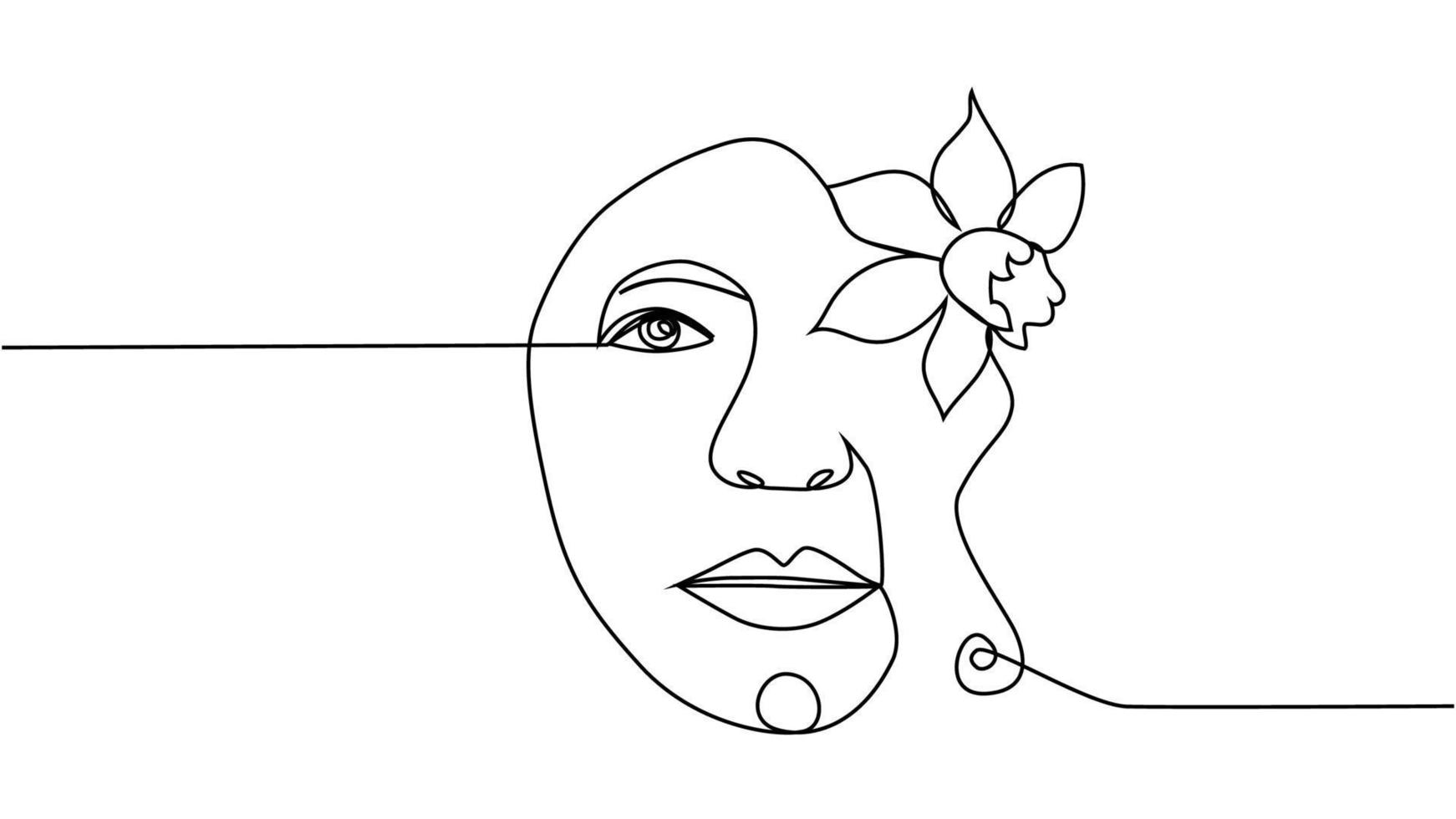 Woman face with flowers one line drawing. Continuous line drawing art. Flower bouquet in woman vector