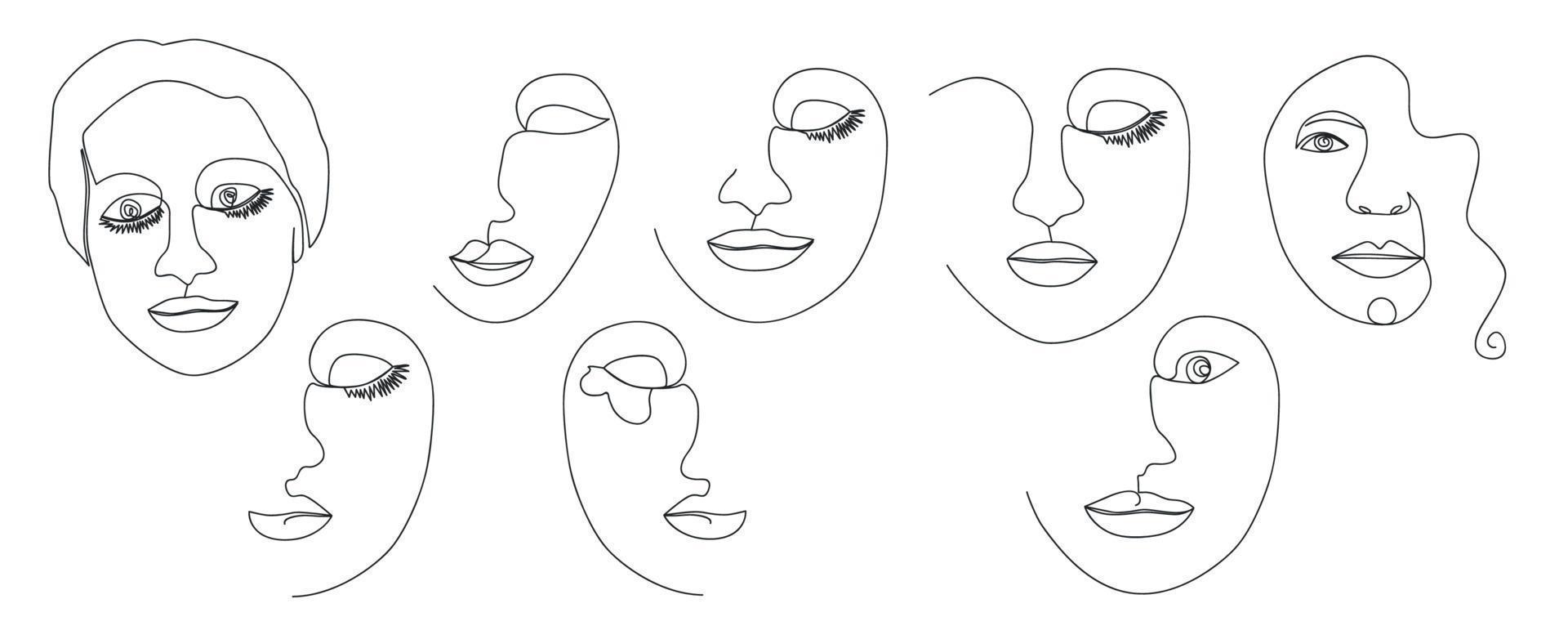 Continuous line, drawing of set faces and hairstyle, fashion concept, woman beauty minimalist, illustration vector