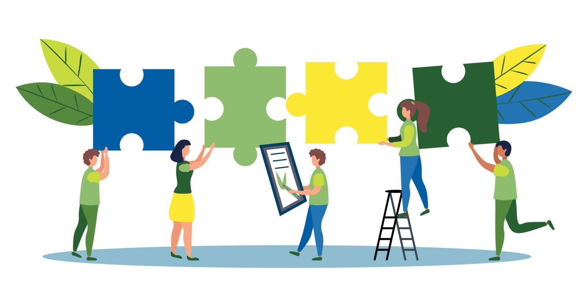 Business concept. Team metaphor. people connecting puzzle elements. flat design style. Symbol of cooperation vector