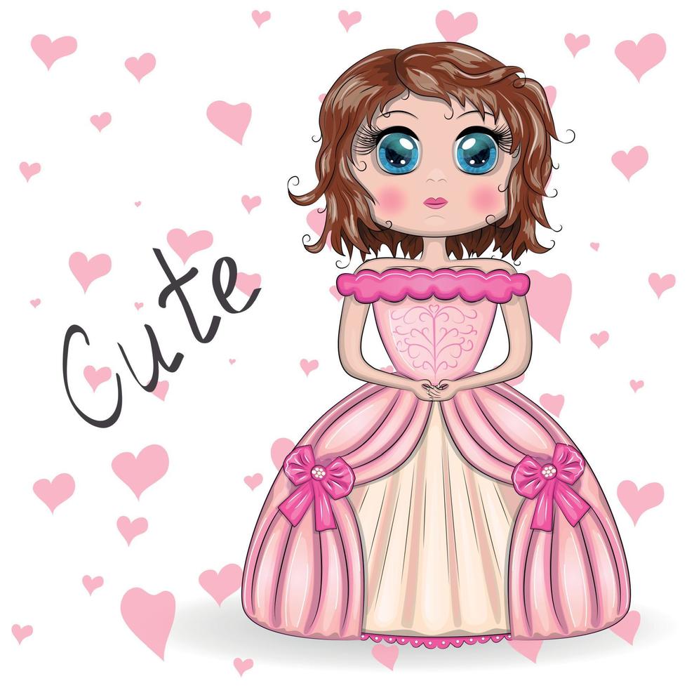 hermosa princesa de pie en un hermoso vestido largo rosa. vector