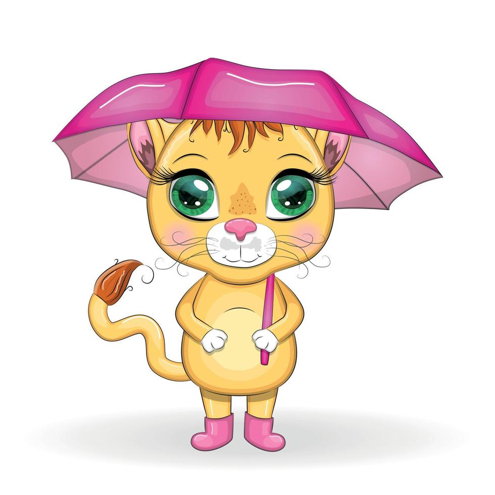 Cartoon lion with umbrella. Autumn character and postcard is coming. vector