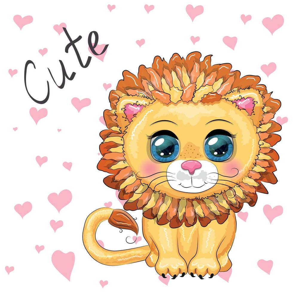 Cartoon lion with expressive eyes. Wild animals, character, childish cute style vector