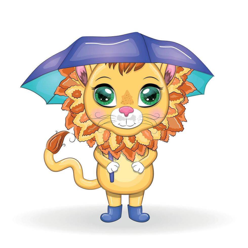 Cartoon lion with umbrella. Autumn character and postcard is coming. vector