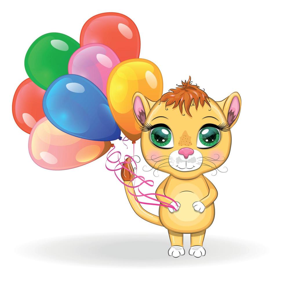 Cartoon lion with expressive eyes. Wild animals, character, childish cute style. vector