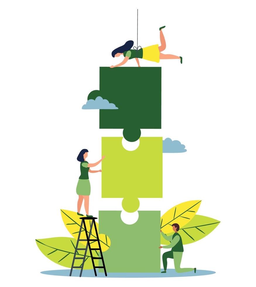 Business concept. Team metaphor. people connecting puzzle elements. flat design style. Symbol of cooperation vector