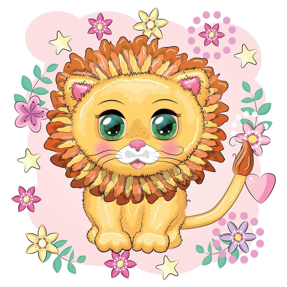 Cartoon lion with expressive eyes. Wild animals, character, childish cute style. vector