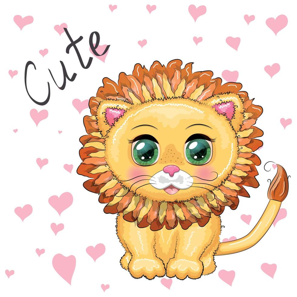 Cartoon lion with expressive eyes. Wild animals, character, childish cute style vector
